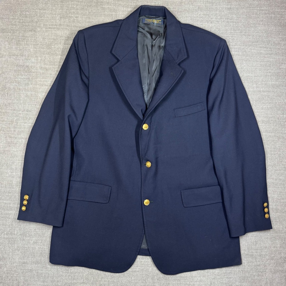 Vintage 80s Brooks Brothers 46R Mens Navy Wool Blazer Gold Crest Buttons USA